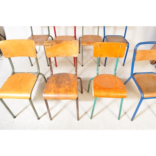 1364a - A collection of eight vintage retro 20th century industrial style cafe dining chairs, each having pa... 