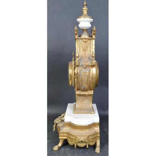 1401 - 20th century German Continental brass and marble mantel clock having a swirling finial, four rooster... 