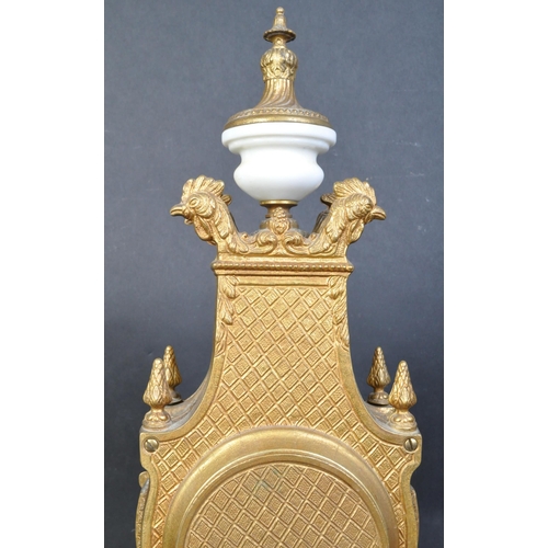 1401 - 20th century German Continental brass and marble mantel clock having a swirling finial, four rooster... 