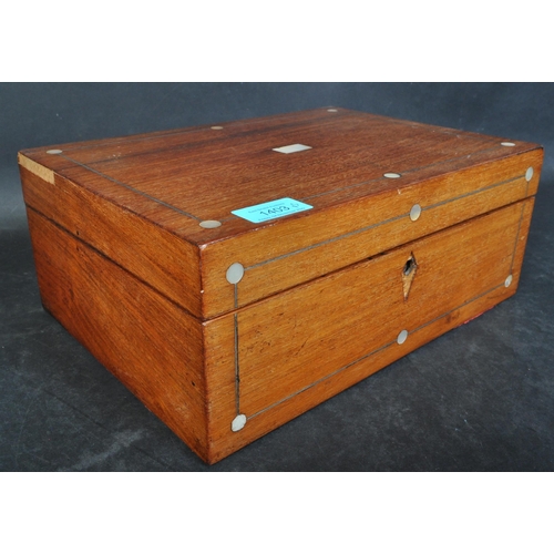 1403 - 19th century Victorian mahogany and mother of pearl workbox together with a marquetry inlaid cigaret... 