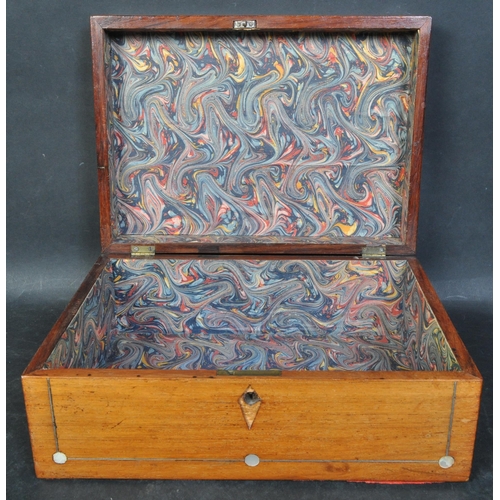 1403 - 19th century Victorian mahogany and mother of pearl workbox together with a marquetry inlaid cigaret... 