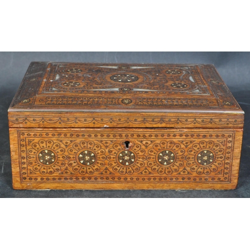 1405 - Believed Russian 19th century brass inlaid and abalone set casket jewellery box having baize lined i... 