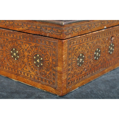 1405 - Believed Russian 19th century brass inlaid and abalone set casket jewellery box having baize lined i... 