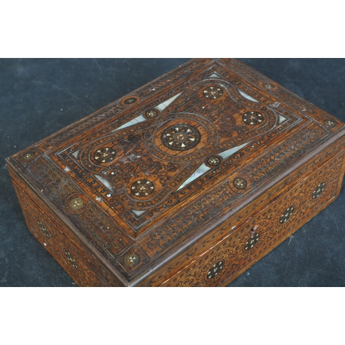 1405 - Believed Russian 19th century brass inlaid and abalone set casket jewellery box having baize lined i... 