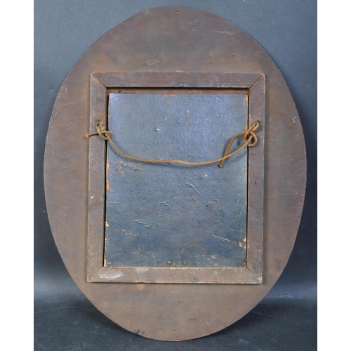 1431 - An early 20th century Arts & Crafts oak embellished oval picture frame with inset portrait painting ... 