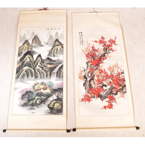 1436 - Two vintage 20th century Chinese Oriental ink scrolls having an ink calligraphic script featuring a ... 