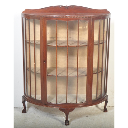 1444 - 1930's Queen Anne revival mahogany demi lune - half moon china display cabinet vitrine. Raised on cl... 