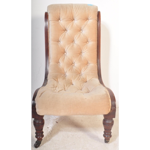 1454 - A Victorian 19th century Aesthetic movement nursing chair being raised on turned legs with castors h... 