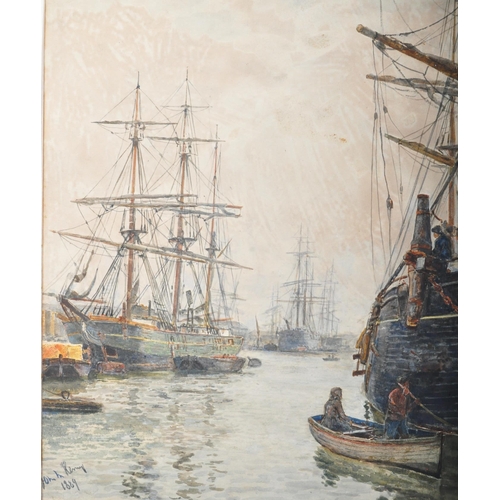 1457 - 19th century Victorian watercolour painting signed and dated 1889 depicting tall ships at harbour, p... 