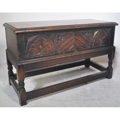 1461 - Jacobean revival carved oak bible box coffer on stand. Turned oak stand united by stretchers having ... 