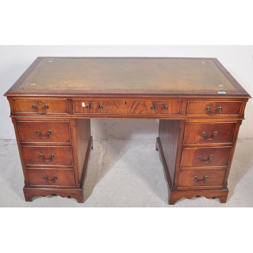 1463 - George III revival mahogany and leather twin pedestal office desk. Each pedestal with bank of drawer... 