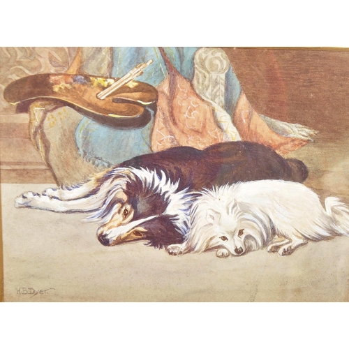 1475 - H B Dyer - A pair of vintage 20th Century water colour on board paintings of dogs. One Collie breed ... 