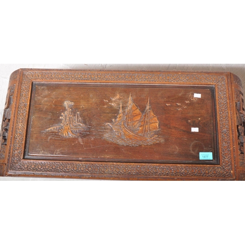 1477 - An early 20th century circa. 1930's Chinese carved hardwood opium coffee table having carved scenes ... 