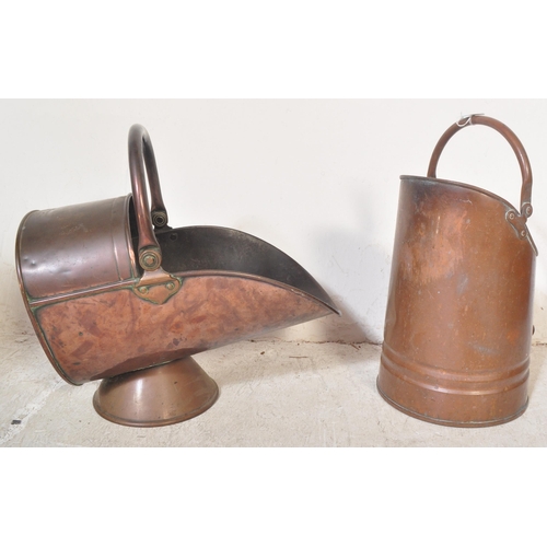 1493 - Two Victorian 19th century copper coal scuttles of different shapes & designs. Both with handles. Ta... 