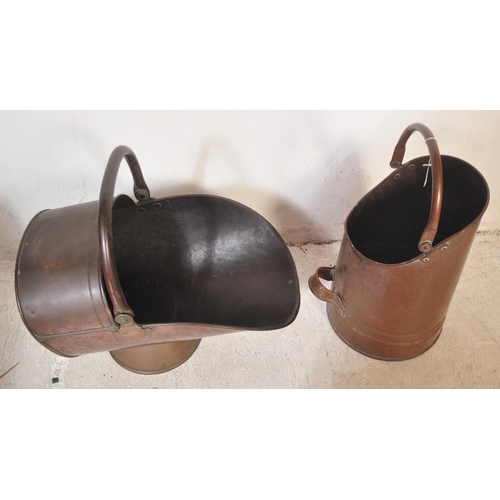 1493 - Two Victorian 19th century copper coal scuttles of different shapes & designs. Both with handles. Ta... 