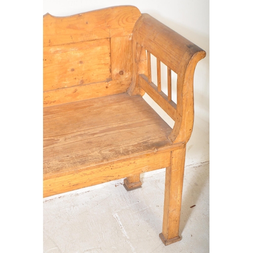 1494 - A 20th century large Scandinavian pine hall bench settle. The bench with hinged box seat compartment... 