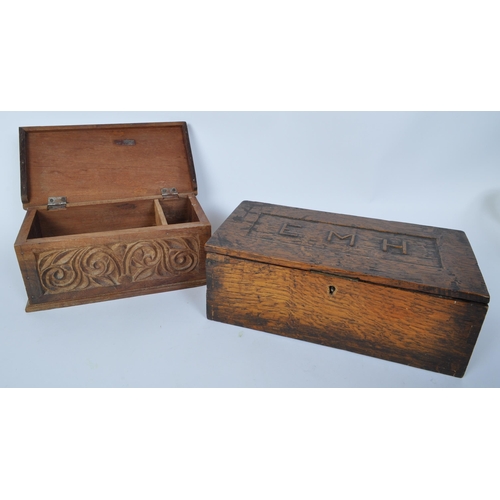 1509 - A 19th century Victorian oak casket box with carved into relief monogram EMH to the lid. Together wi... 