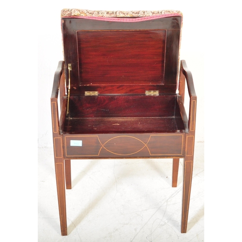 1582 - An Edwardian mahogany piano stool being raised on tapering legs with hinged seat and handles. Togeth... 