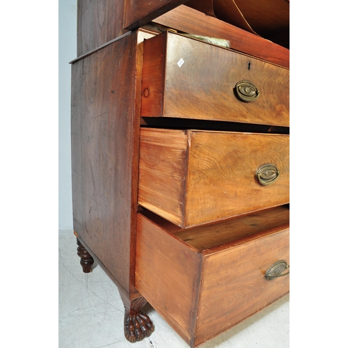 1590 - A 19th century mahogany linen press being raised on hairy paw feet with a short and deep drawer ches... 