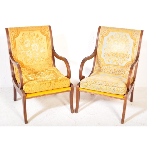 1640 - Two Edwardian early 20th century oak and brocade upholstery bedroom chairs. The armchairs having oak... 