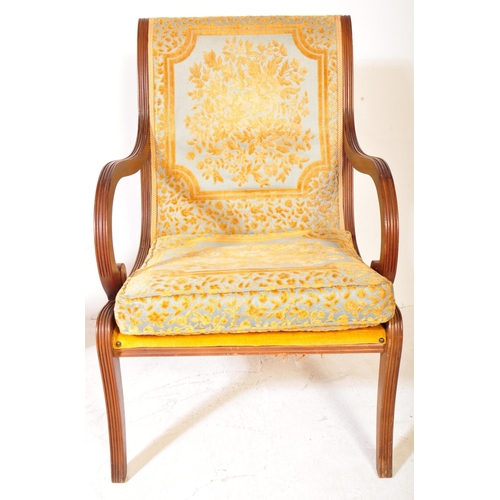 1640 - Two Edwardian early 20th century oak and brocade upholstery bedroom chairs. The armchairs having oak... 