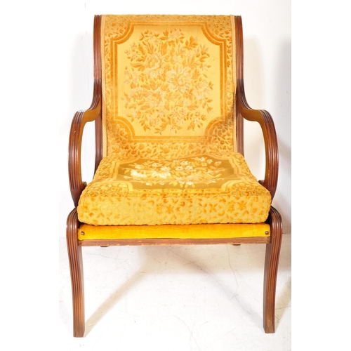 1640 - Two Edwardian early 20th century oak and brocade upholstery bedroom chairs. The armchairs having oak... 