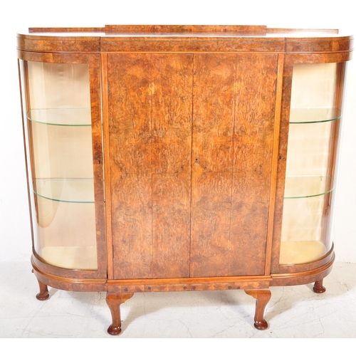 1643 - A vintage 20th century Art Deco circa 1930s burr walnut bow fronted china display cabinet. The displ... 