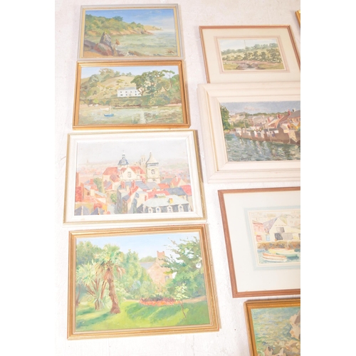 1649 - Collection of 20th century oil on board amateur paintings of landscapes & townscapes of unknown plac... 