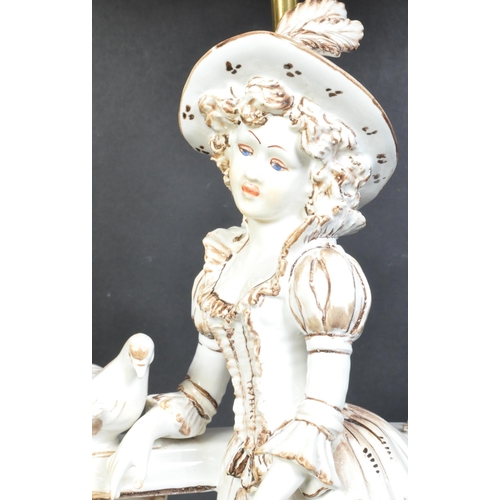 1666 - A vintage 20th century porcelain figural table lamp. The lamp base being modelled as a lady in hat a... 