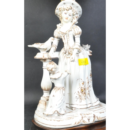 1666 - A vintage 20th century porcelain figural table lamp. The lamp base being modelled as a lady in hat a... 