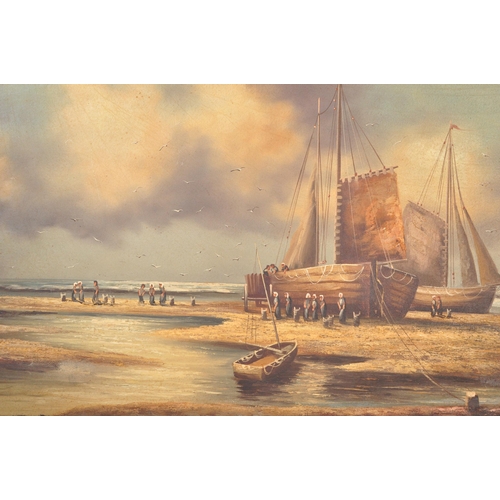 1681 - A mid Century oil on canvas painting of a coastal beach scene with fishing boats and fishermen colle... 