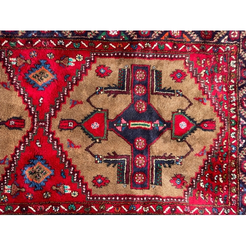 1559 - A vintage mid 20th century Persian Islamic Hamadan style rug carpet having a thick wall pile with tw... 