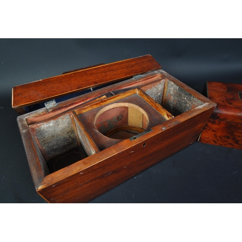 1708 - 19th Century sarcophagus top mahogany tea caddy (af) together with a burr walnut dome top caddy box ... 