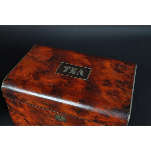 1708 - 19th Century sarcophagus top mahogany tea caddy (af) together with a burr walnut dome top caddy box ... 