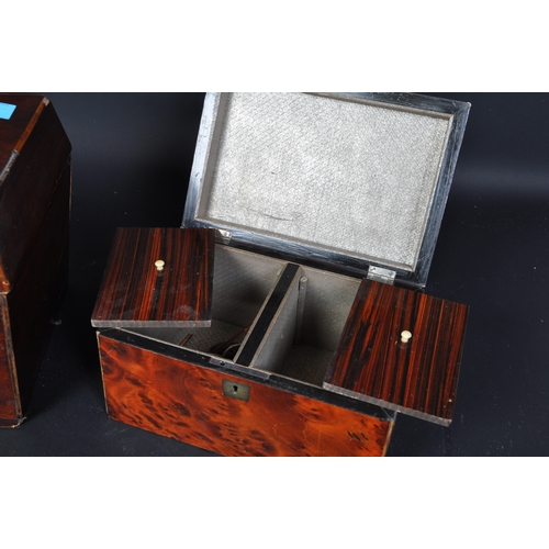 1708 - 19th Century sarcophagus top mahogany tea caddy (af) together with a burr walnut dome top caddy box ... 