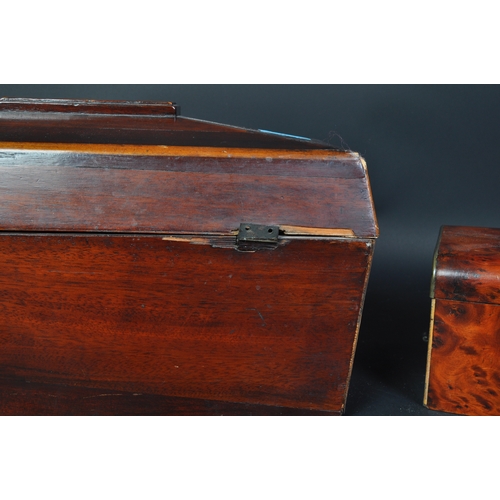 1708 - 19th Century sarcophagus top mahogany tea caddy (af) together with a burr walnut dome top caddy box ... 