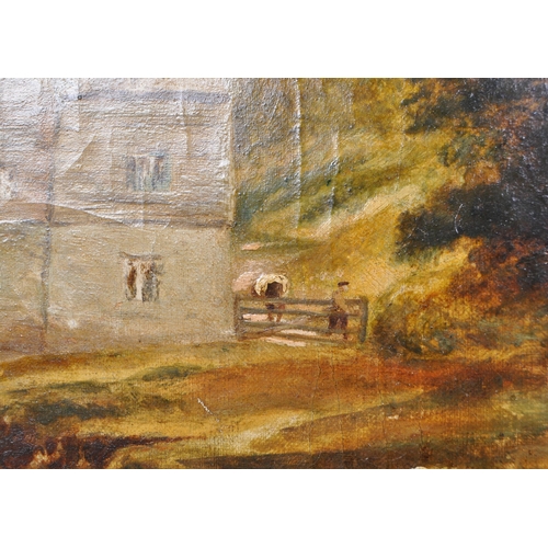 1711 - An English School 19th century oil on canvas painting. The painting of a watermill at rivers edge. U... 