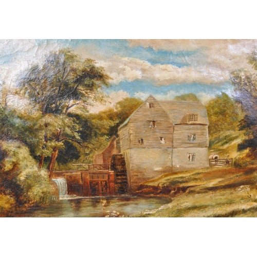 1711 - An English School 19th century oil on canvas painting. The painting of a watermill at rivers edge. U... 