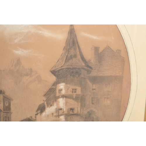 1713 - A Pair on continental pen and ink / pastel architectural studies of lake side monastery and a town s... 