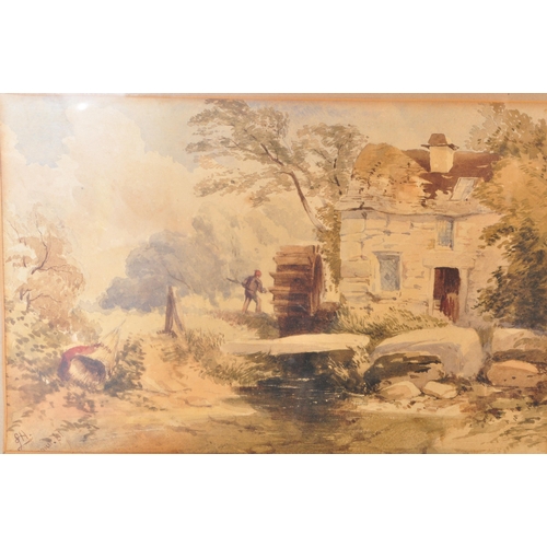 1715 - English School early 20th century watercolour painting of a cottage watermill Monogram to lower corn... 