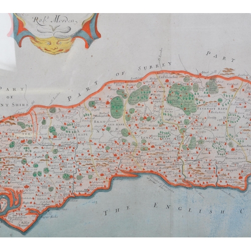 1726 - Cartography Interest - Rob Morden (1650-1703) - An 18th century coloured Sussex map. Framed and glaz... 