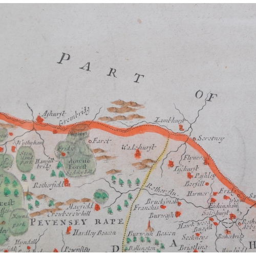 1726 - Cartography Interest - Rob Morden (1650-1703) - An 18th century coloured Sussex map. Framed and glaz... 