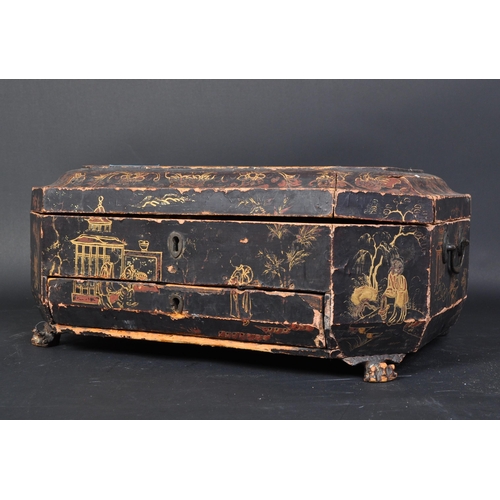 1739 - An early 20th century Chinese Oriental lacquered jewellery box / words casket with gilt painted deco... 