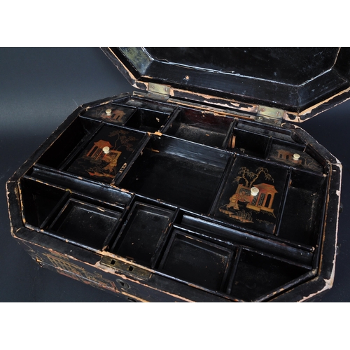 1739 - An early 20th century Chinese Oriental lacquered jewellery box / words casket with gilt painted deco... 