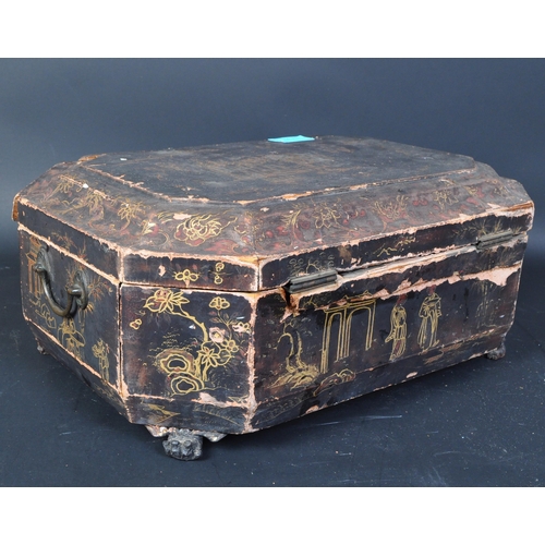 1739 - An early 20th century Chinese Oriental lacquered jewellery box / words casket with gilt painted deco... 