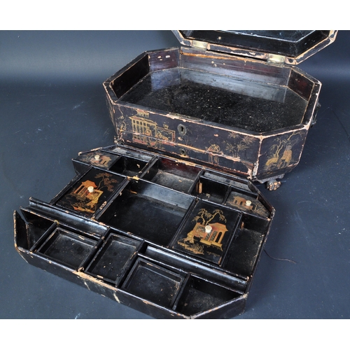 1739 - An early 20th century Chinese Oriental lacquered jewellery box / words casket with gilt painted deco... 