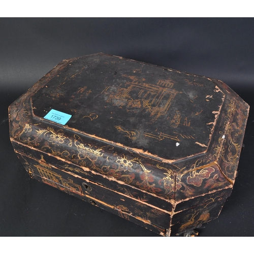 1739 - An early 20th century Chinese Oriental lacquered jewellery box / words casket with gilt painted deco... 