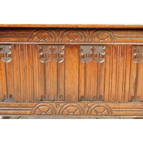 1774 - A 17th century revival carved oak coffer chest with linen fold and rose carved front panel being rai... 