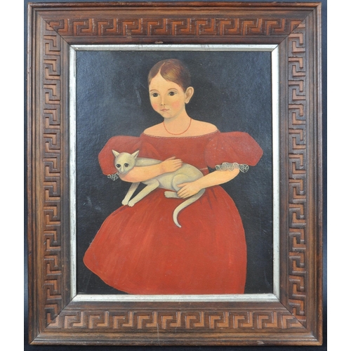 116 - A 19th century oil of board of a portrait painting study of a young girl in a red dress holding a ca... 