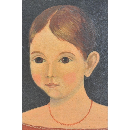 116 - A 19th century oil of board of a portrait painting study of a young girl in a red dress holding a ca... 